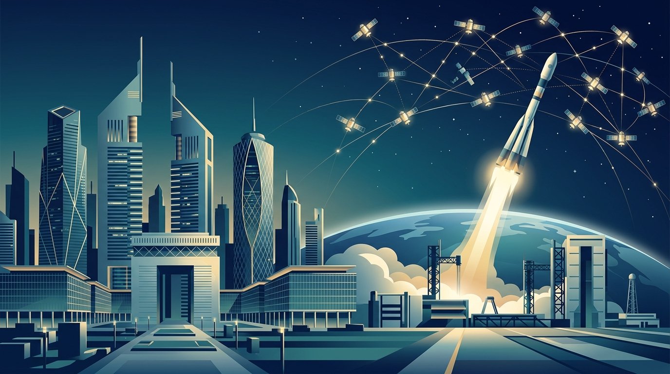 Editorial illustration: Dubai financial district architecture blending into a SpaceX rocket launch facility and constellation of satellites