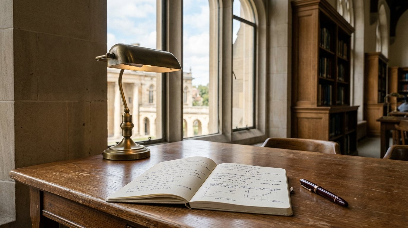 AI-generated editorial image: An institutional research library table with a classic desk lamp, notebook, and pen beside stone arched windows.