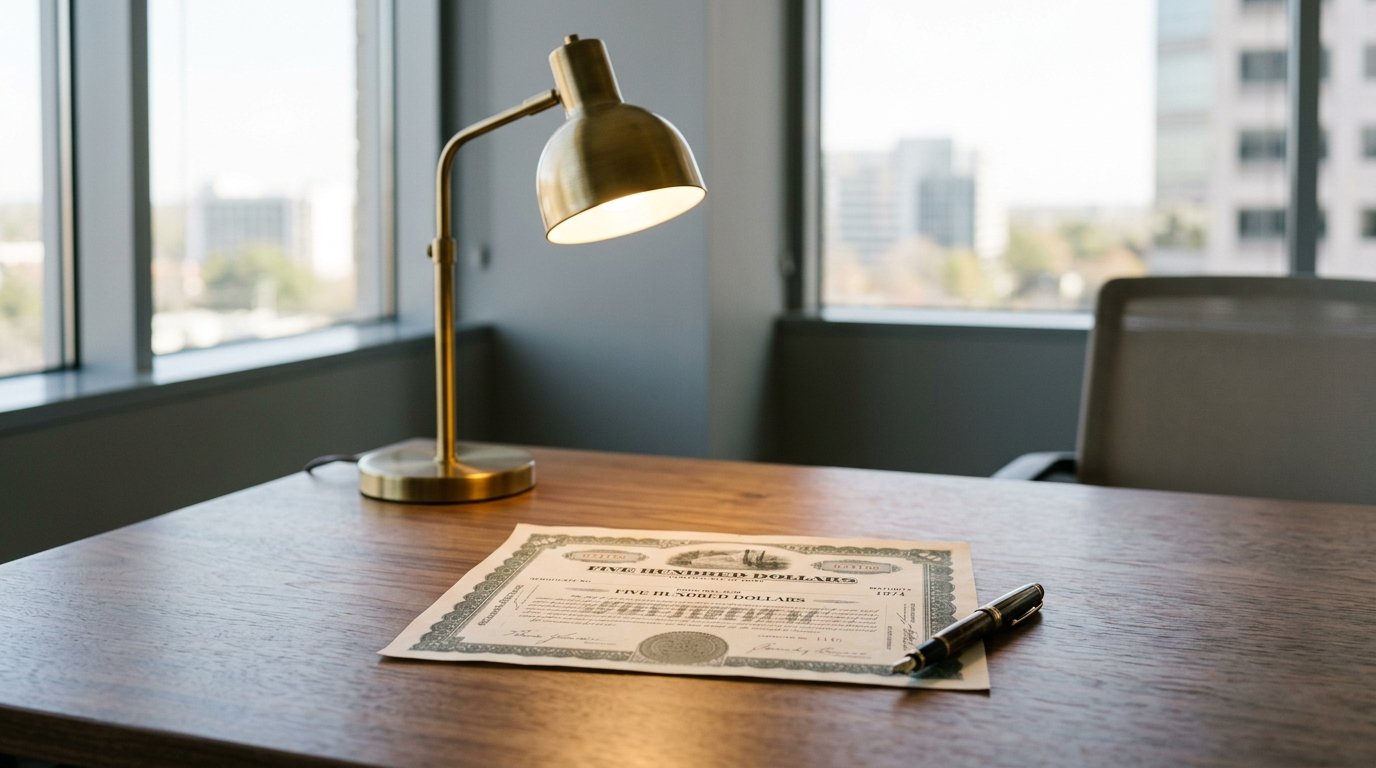 AI-generated editorial image: A fountain pen and bond document on a minimalist wooden desk in soft morning light.