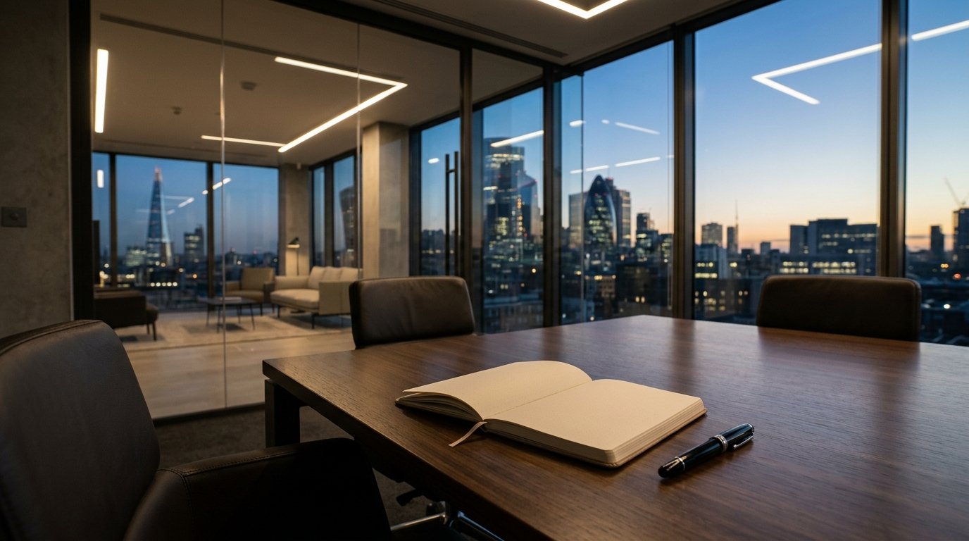 AI-generated editorial image: Enterprise consulting conference room with notebook and skyline view