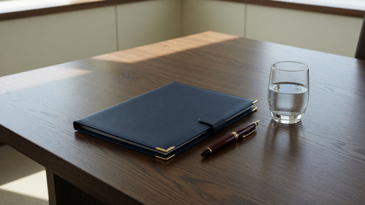 AI-generated editorial image: Restrained corporate meeting table with legal contract folder and muted lighting