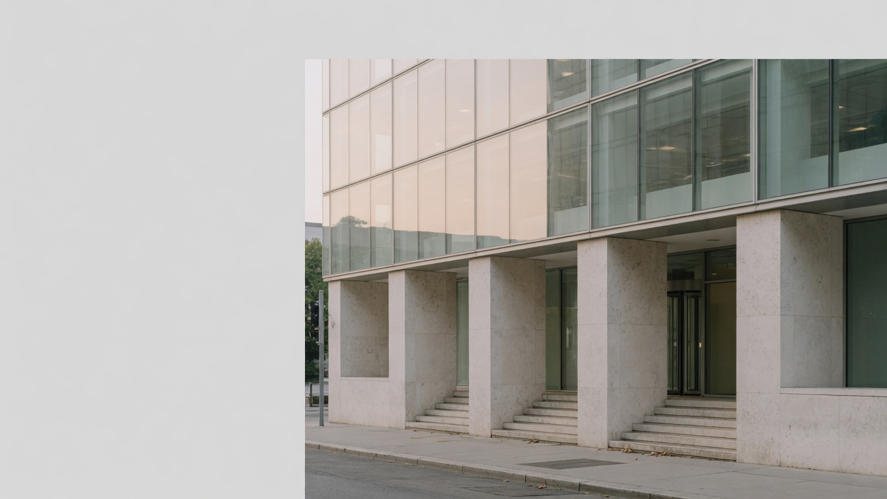 AI-generated editorial image: Architectural exterior of a financial district headquarters building with stone pillars in soft morning daylight.