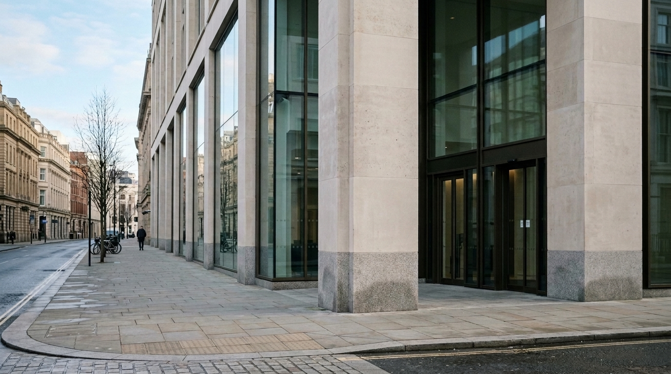 AI-generated editorial image: Restrained minimalist architectural detail of an institutional financial headquarters in natural daylight.