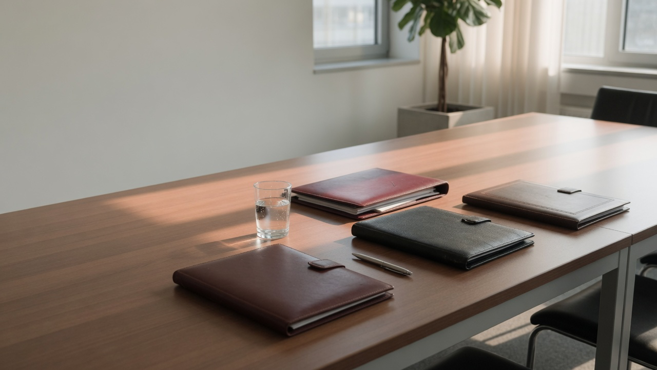 AI-generated editorial image: A quiet modern institutional boardroom table with closed document folders under soft morning light, representing Anthropic's Form S-1 public offering filing.