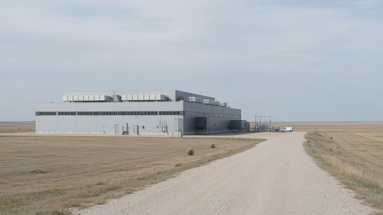 AI-generated editorial image: Modern high-performance data center exterior in rural North Dakota with clean architectural lines under soft evening daylight