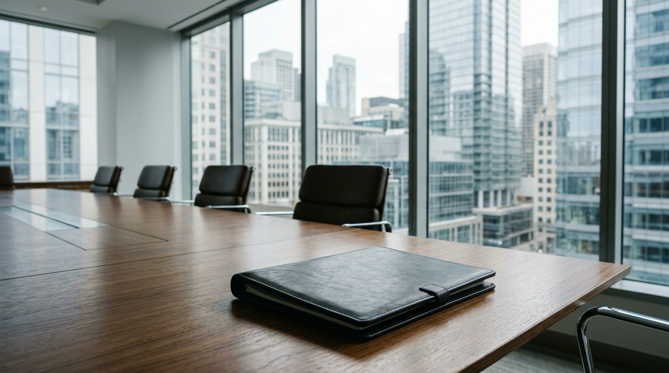 AI-generated editorial image: Minimalist modern financial conference room overlooking city architecture with natural window light