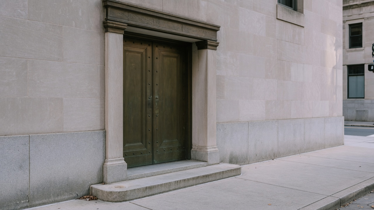 AI-generated editorial image: An imposing financial institution building facade under muted morning daylight