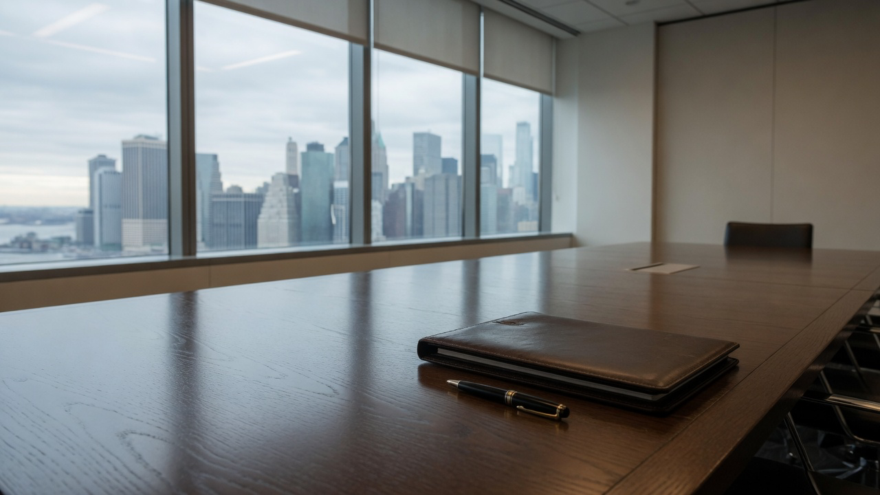AI-generated editorial image: An executive boardroom table with a leather portfolio folder overlooking a diffused morning skyline.