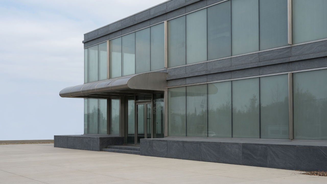 AI-generated editorial image: Modern institutional corporate headquarters with sleek automotive design lines and clean architectural glass in soft daylight