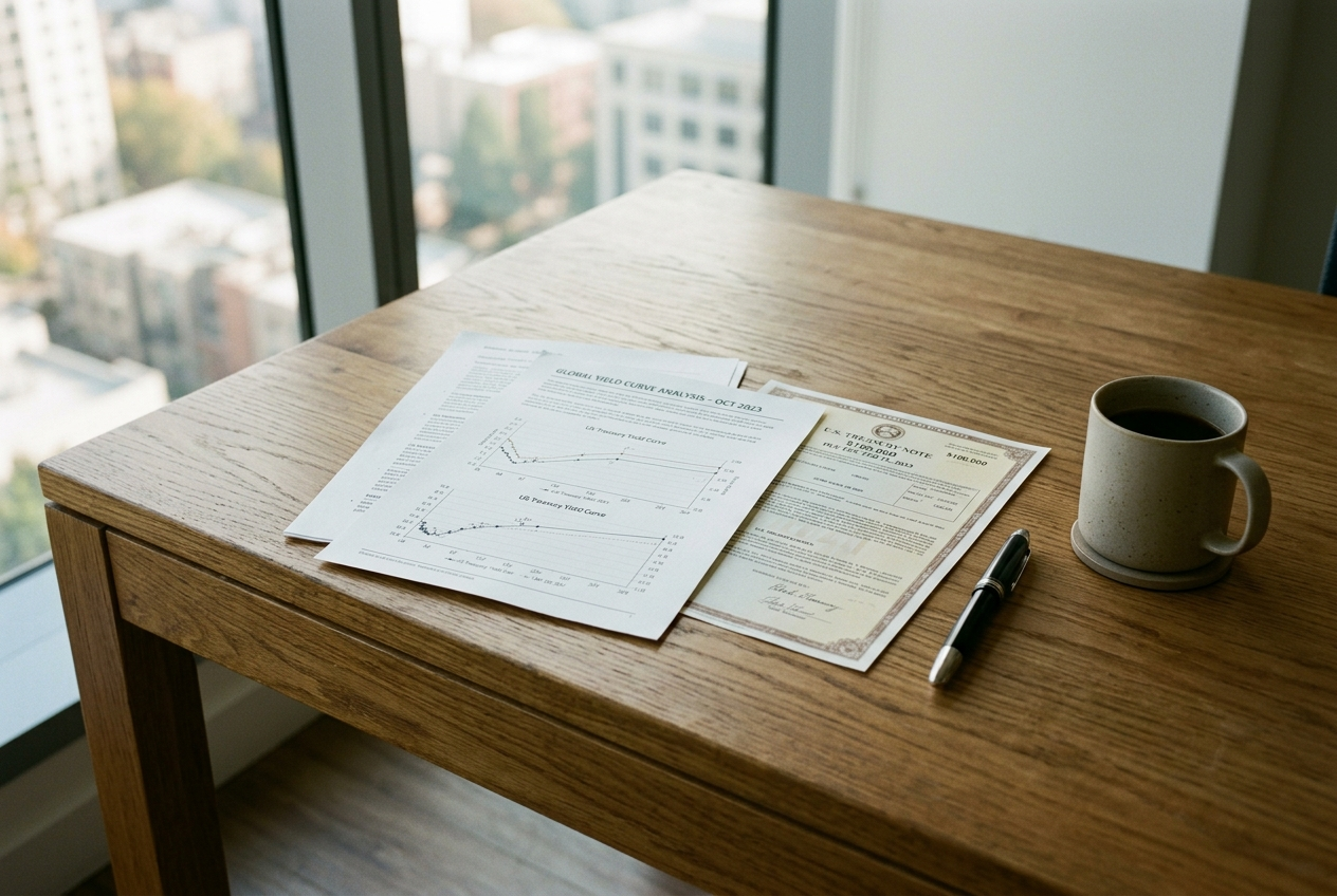 AI-generated editorial image: Minimalist bond trading desk with official Treasury securities documents under natural daylight