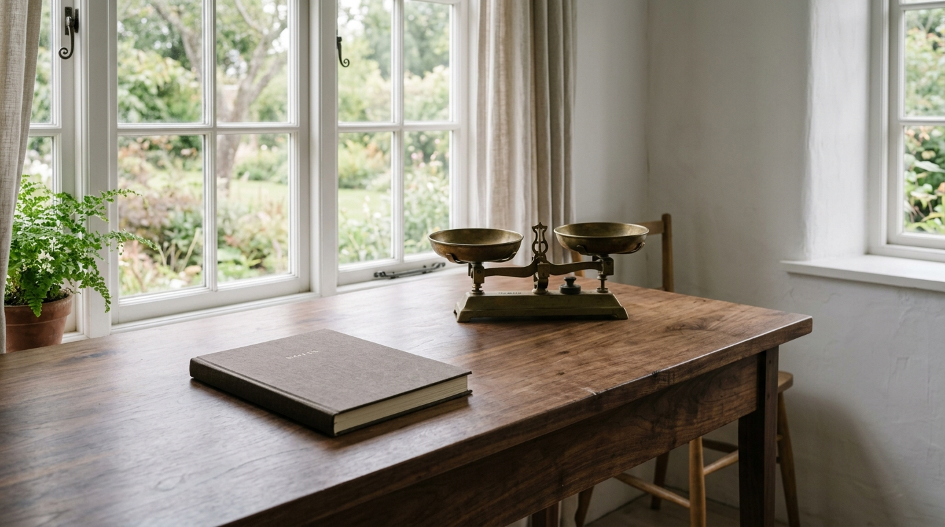 AI-generated editorial image: Minimalist oak desk with leather portfolio binder and brass scale