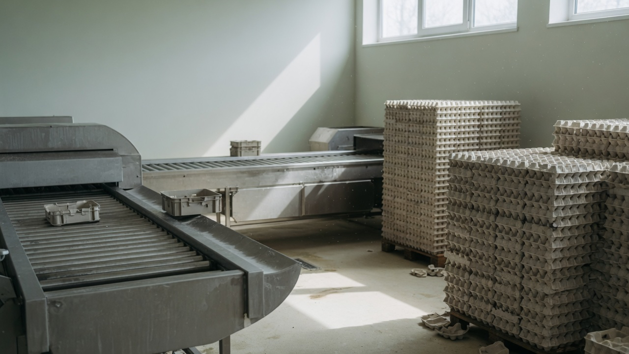 AI-generated editorial image: An industrial grading and packaging line in a commercial agricultural food facility under soft practical daylight.