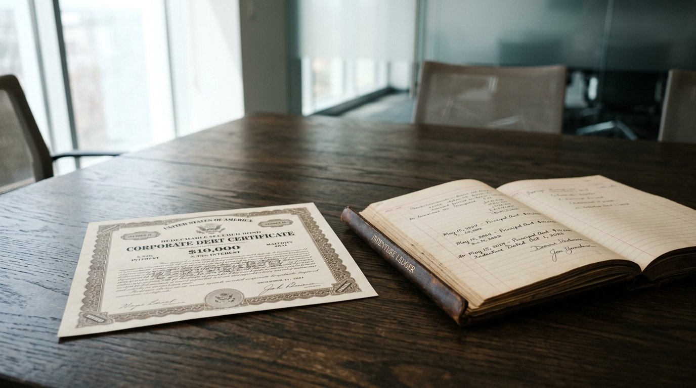 AI-generated editorial image: An engraved corporate debt certificate and open indenture ledger on an executive desk under soft morning light.