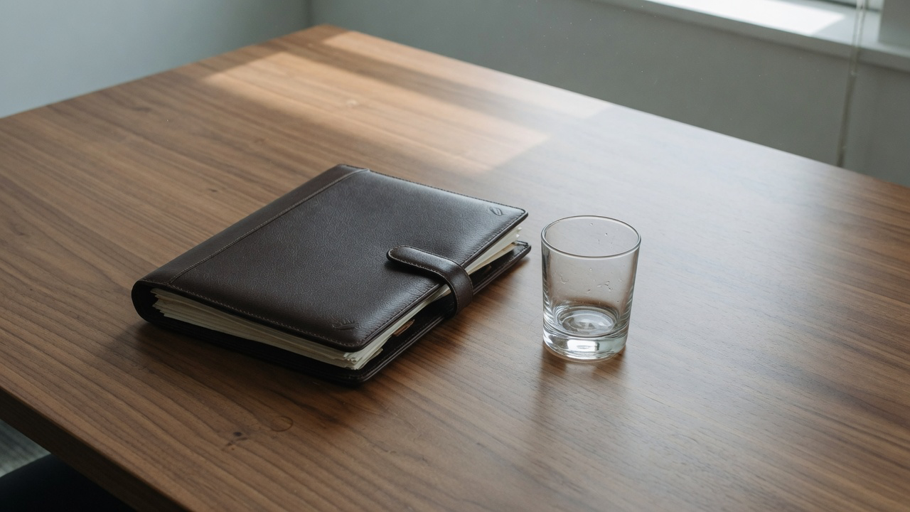 AI-generated editorial image: Minimalist institutional boardroom desk with closed transaction dossier in natural daylight
