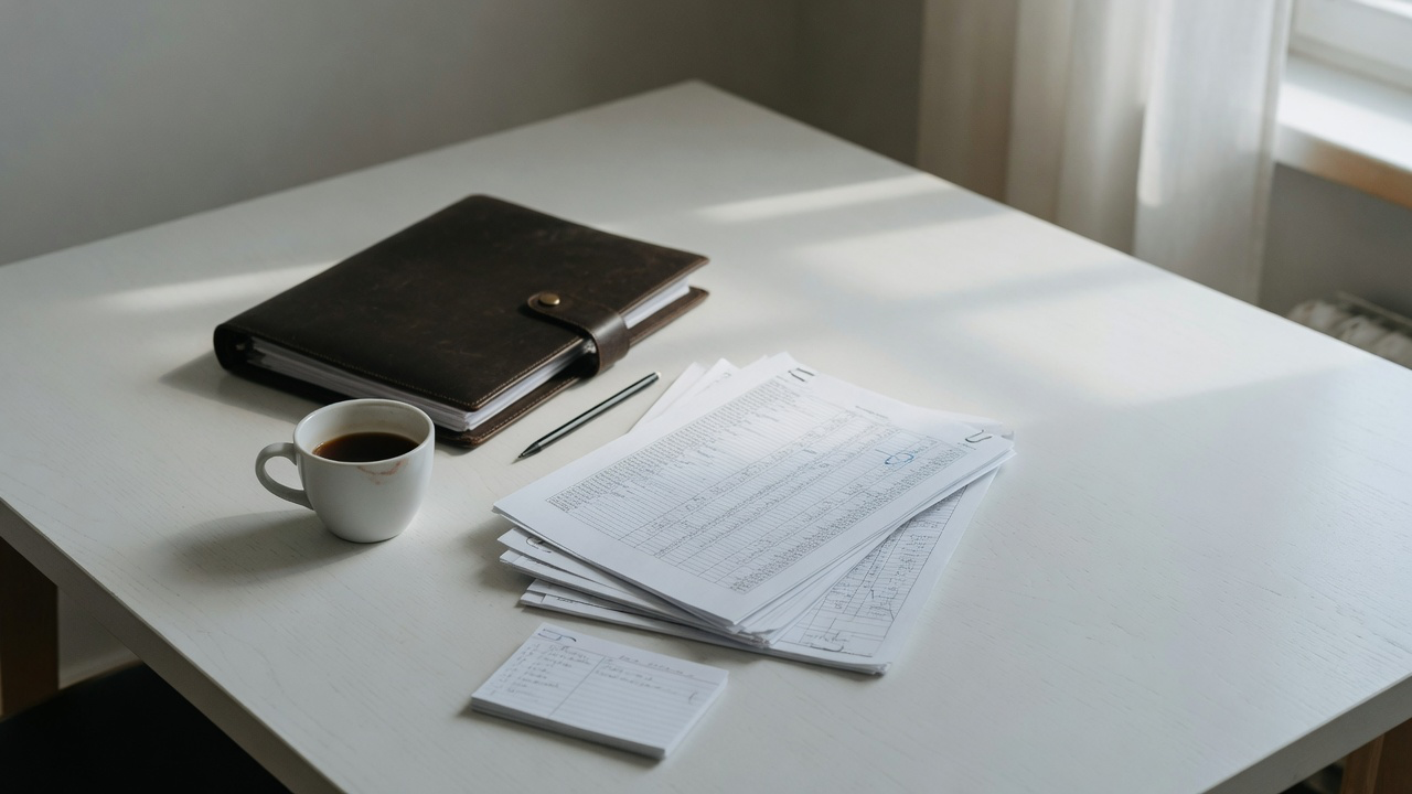 AI-generated editorial image: A financial trading desk with analytical documentation and regulatory reports under natural window light.