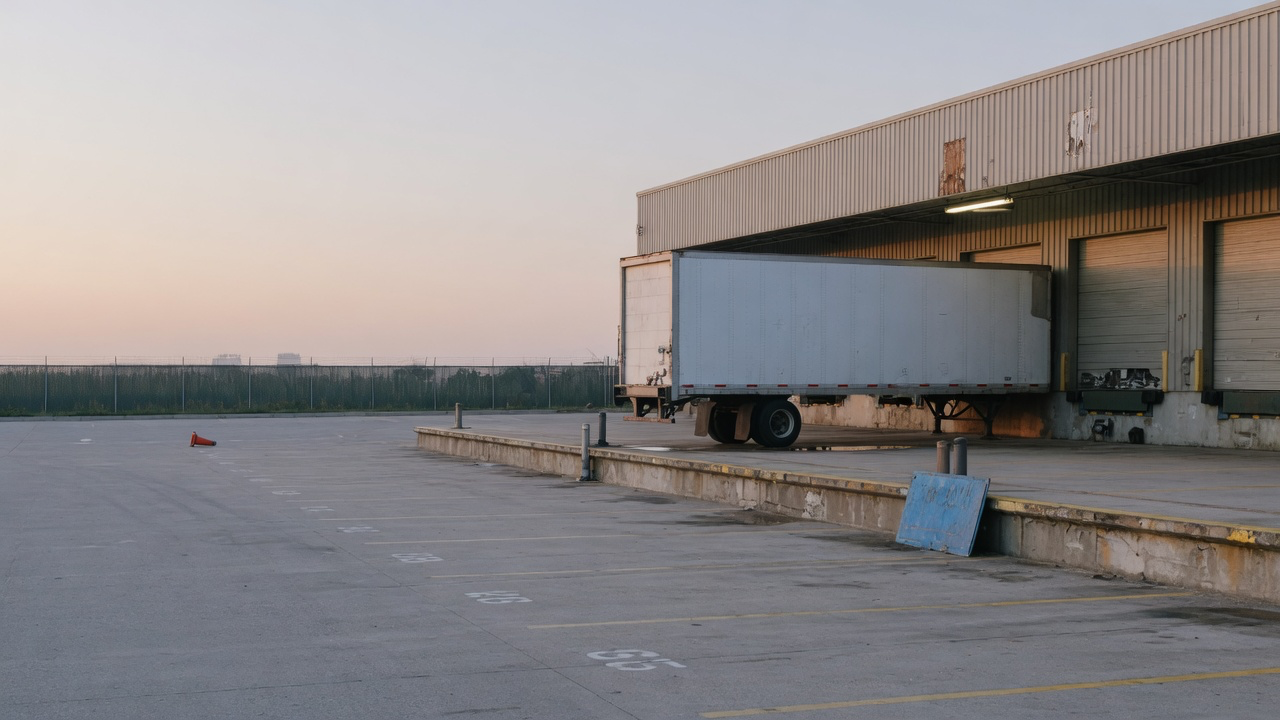 AI-generated editorial image: Commercial freight logistics loading dock and transportation yard at dawn