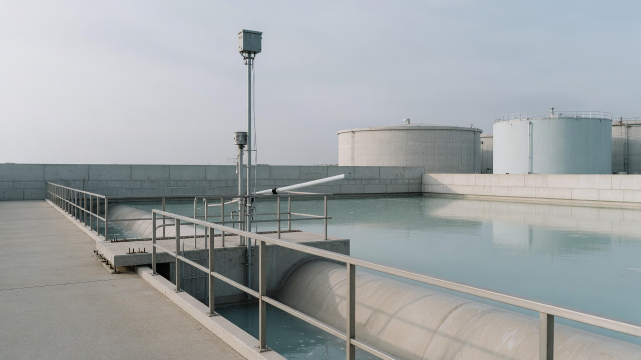 AI-generated editorial image: Industrial environmental monitoring basin with clean architectural metalwork and concrete spillways in soft daylight