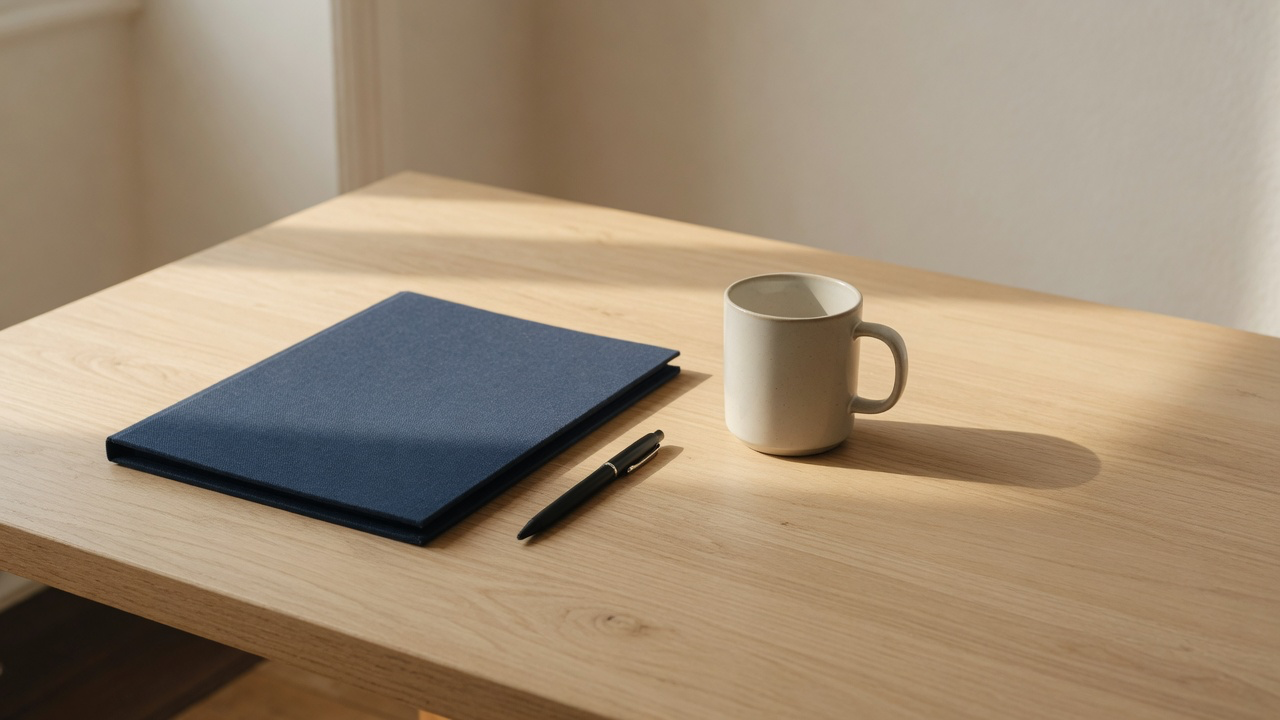 AI-generated editorial image: A closed presentation folder and pen on an oak office desk in natural window light