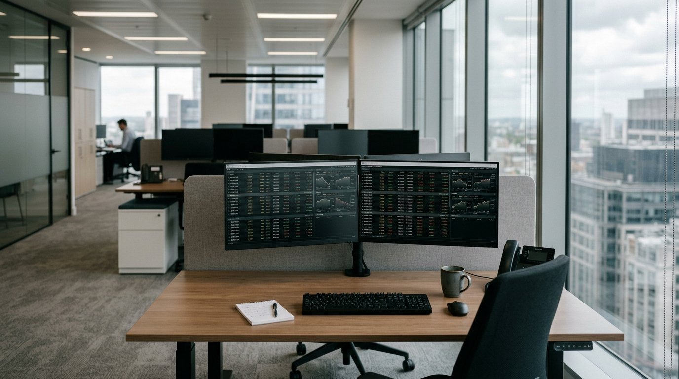 AI-generated editorial image: quiet institutional foreign exchange trading desk with dual monitor financial displays