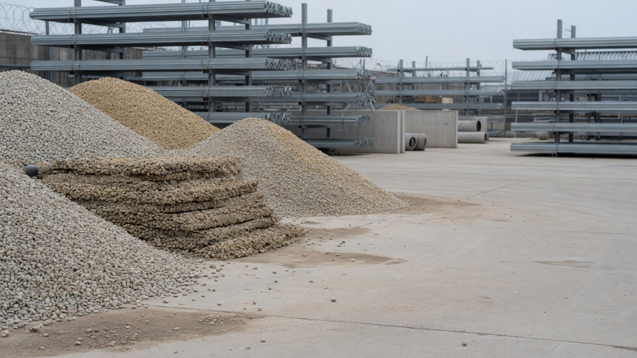 AI-generated editorial image: Concrete aggregates and construction materials at an infrastructure logistics facility with soft natural lighting