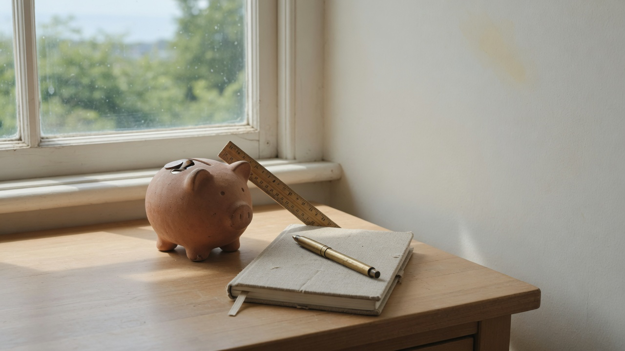 AI-generated editorial image: A minimalist wooden desk with a ceramic piggy bank, savings passbook, and brass pen bathed in natural window daylight.