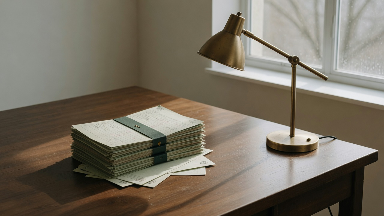 AI-generated editorial image: Commercial office building and financial documents in soft daylight