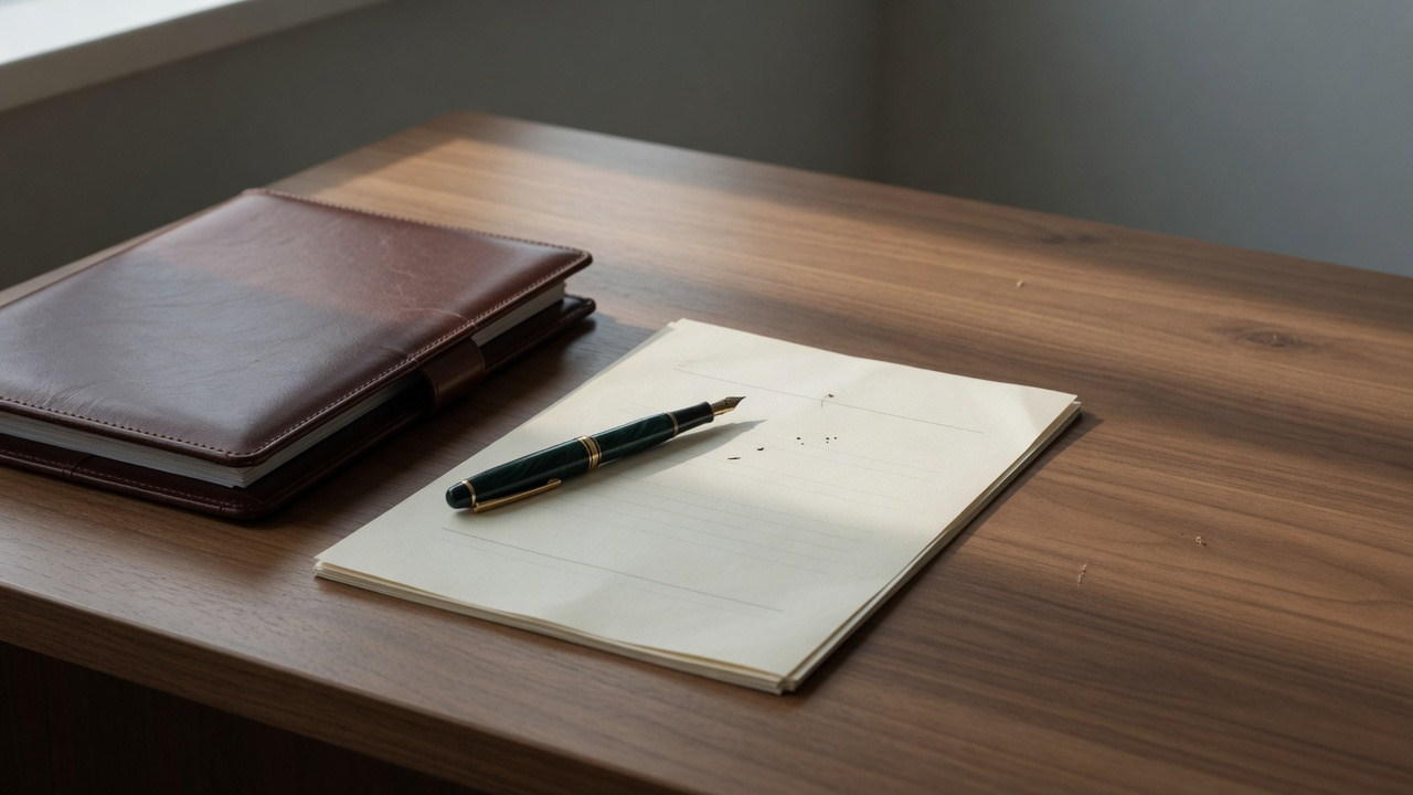 AI-generated editorial image: Minimalist leather-bound retirement portfolio ledger and fountain pen on walnut desk