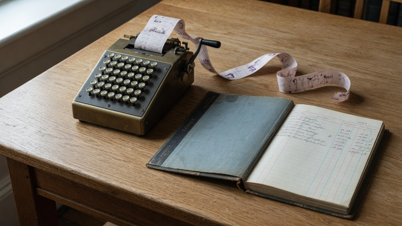 AI-generated editorial image: An antique brass mechanical adding machine and ledger balance sheet in morning window light.