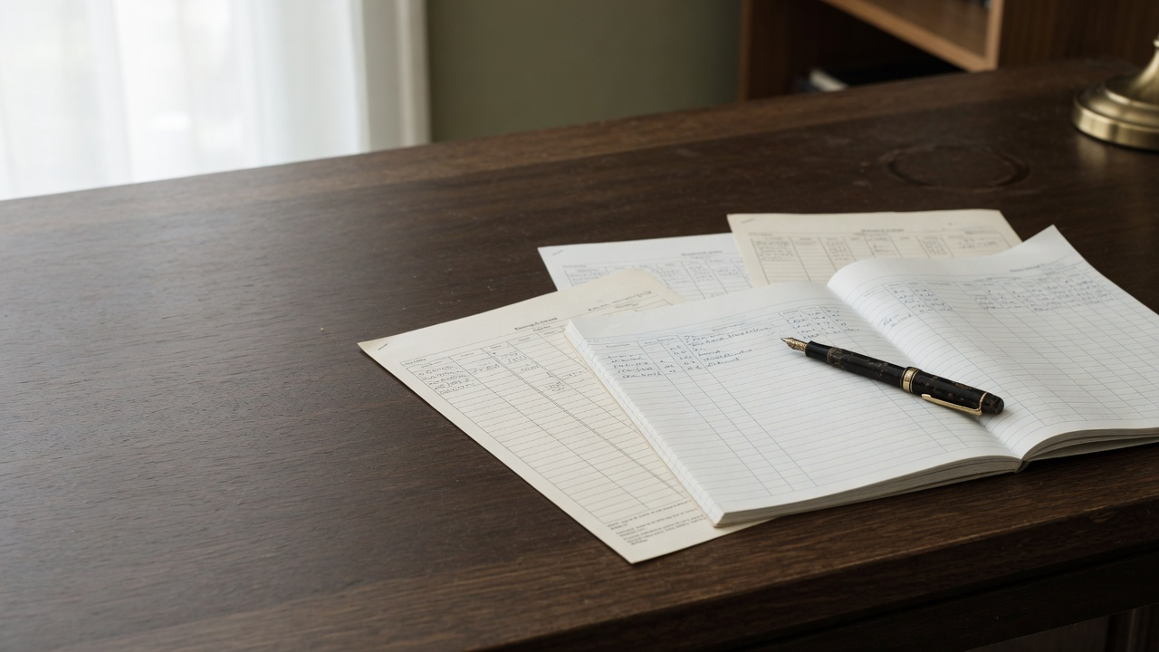AI-generated editorial image: A fountain pen and financial journal on an oak desk under soft daylight.