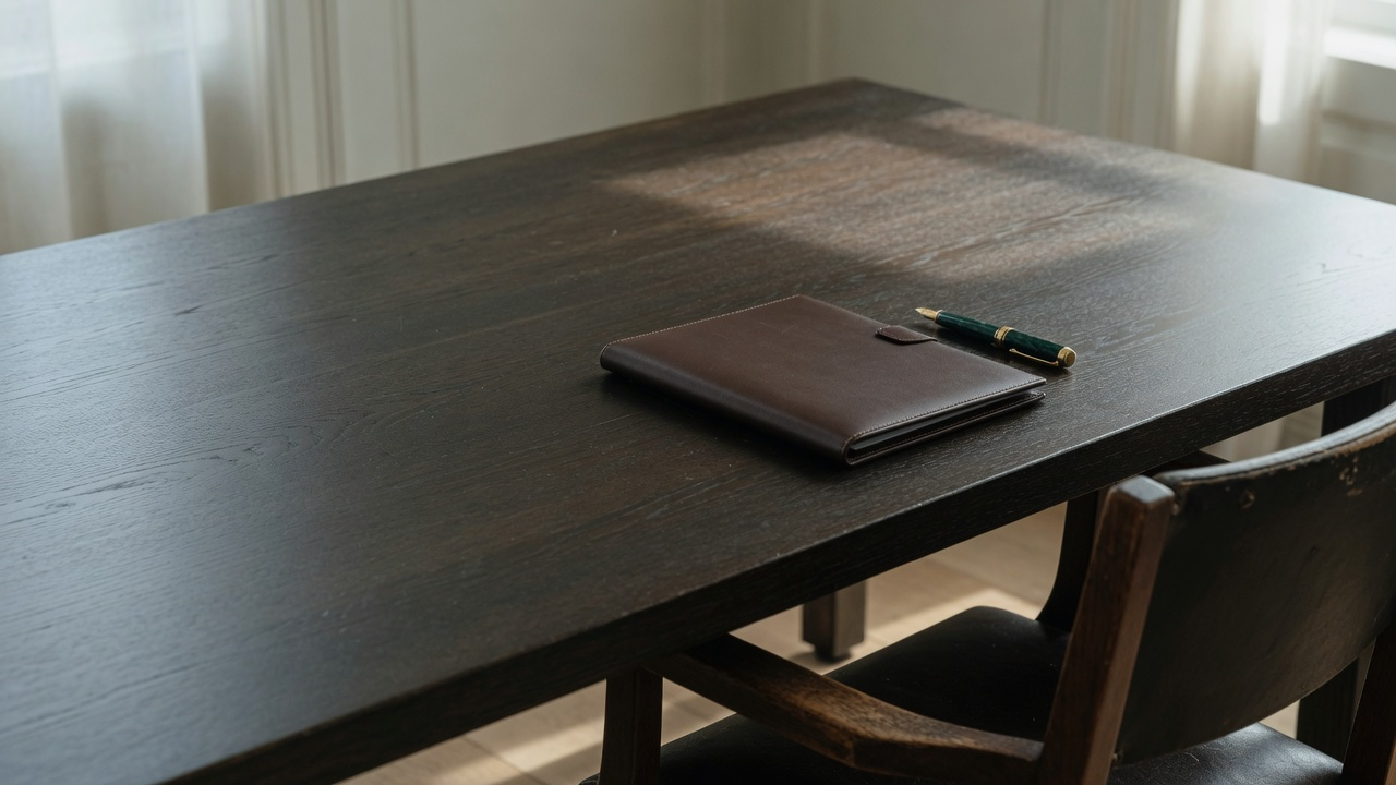 AI-generated editorial image: An executive boardroom table with a document folder and pen representing corporate equity share classes.