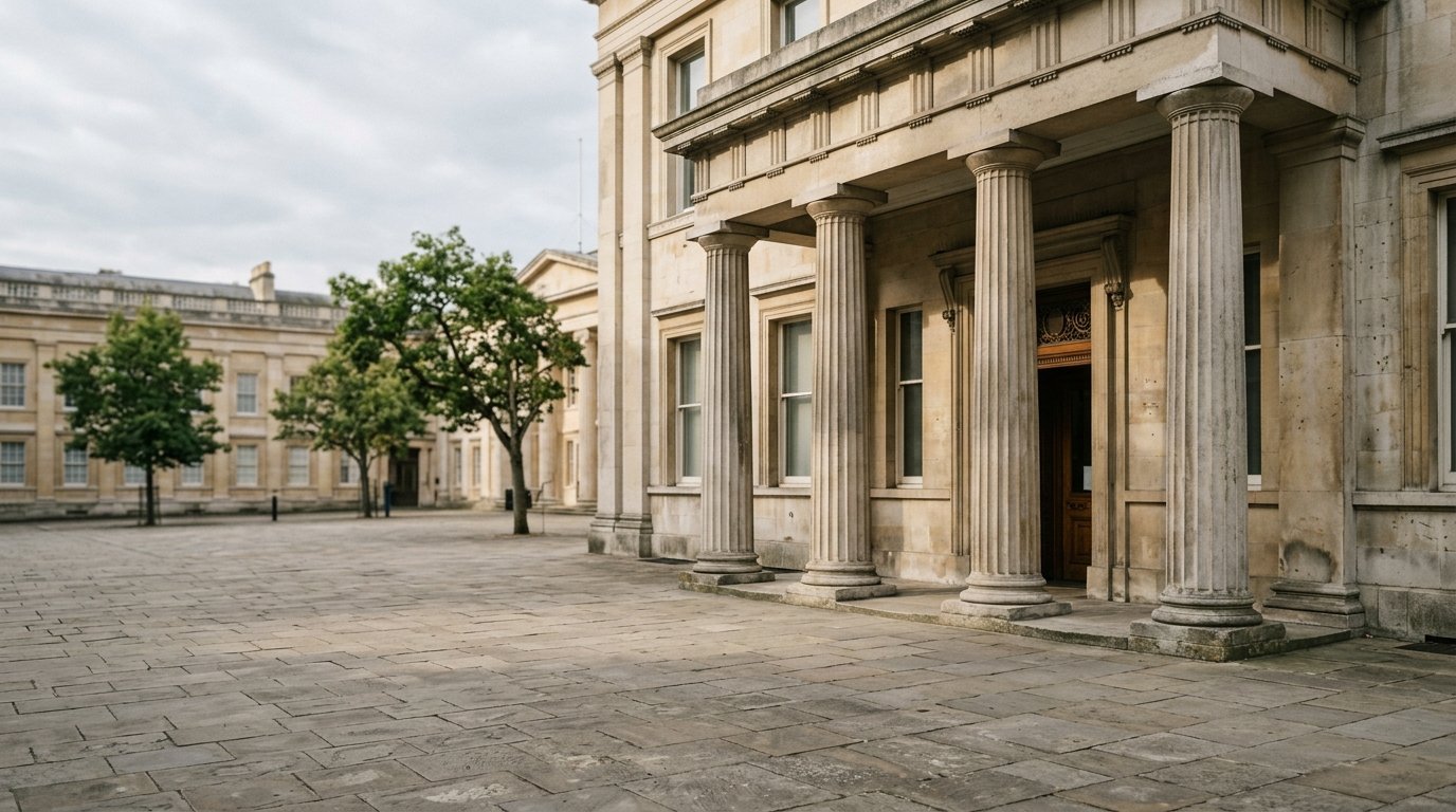 AI-generated editorial image: Restrained classical limestone bank exterior with fluted stone pillars in soft morning daylight