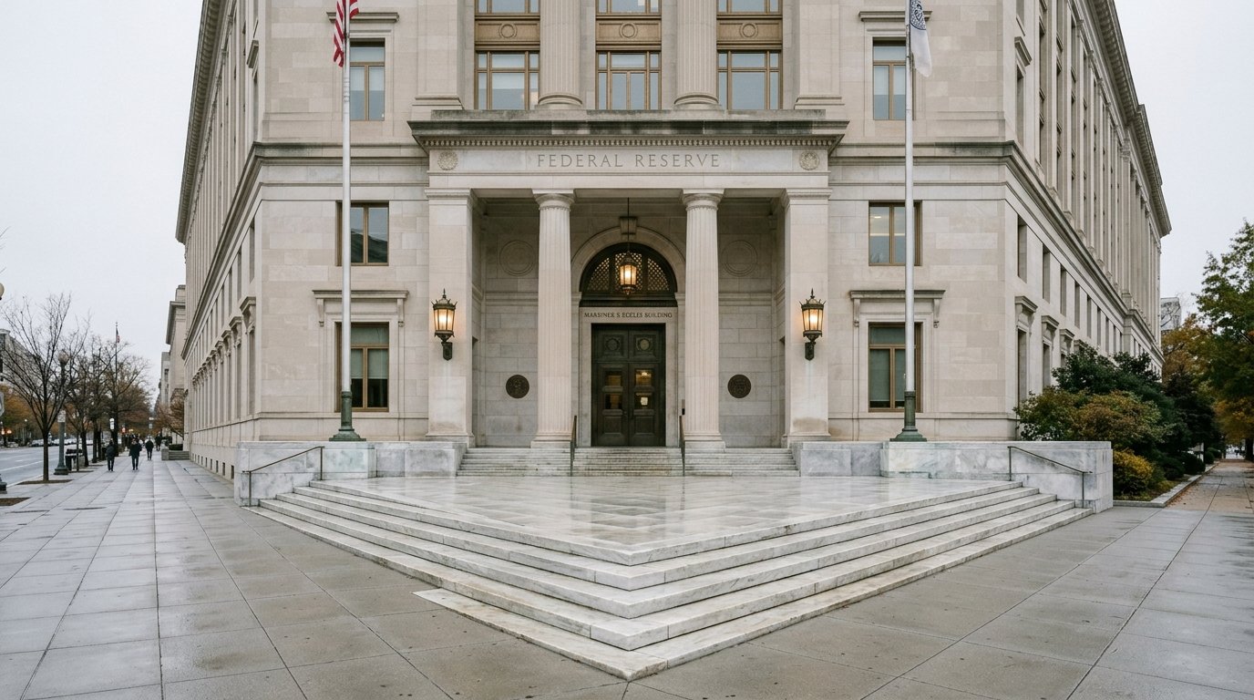 AI-generated editorial image: Federal Reserve Eccles Building facade in soft daylight