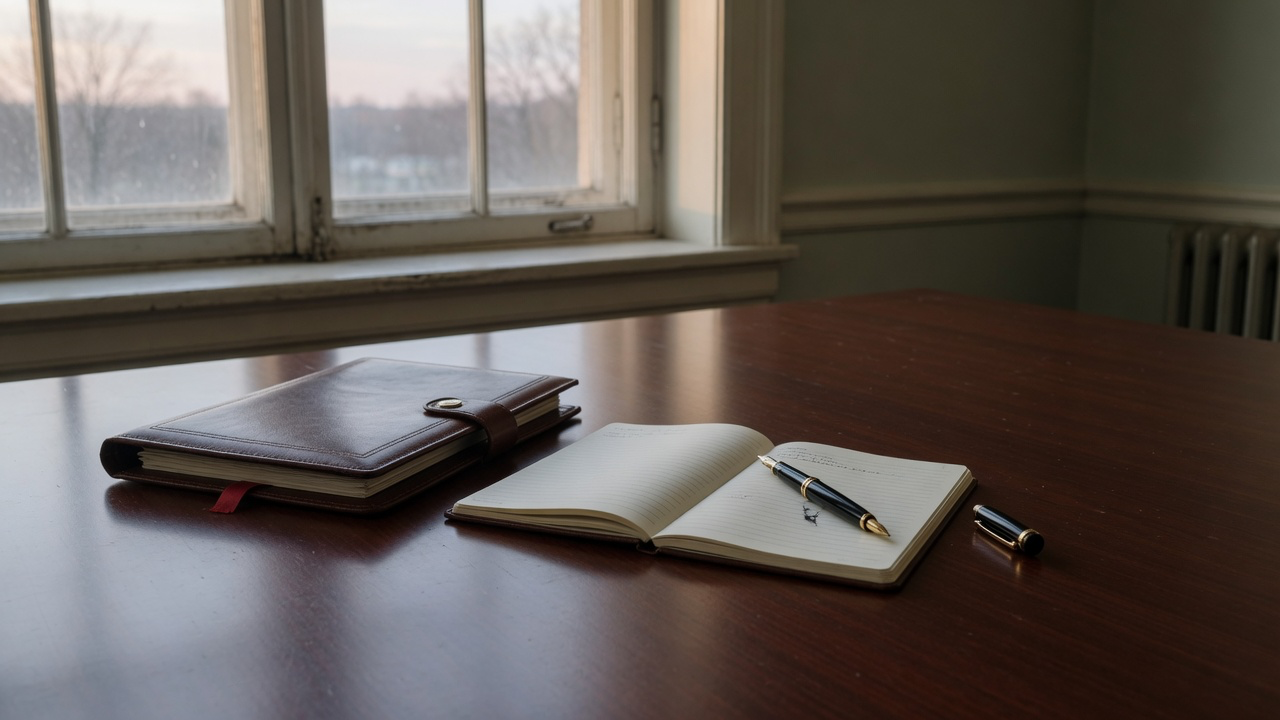 AI-generated editorial image: An executive briefing desk in a quiet government institutional office with briefing folders and fountain pen in soft morning light