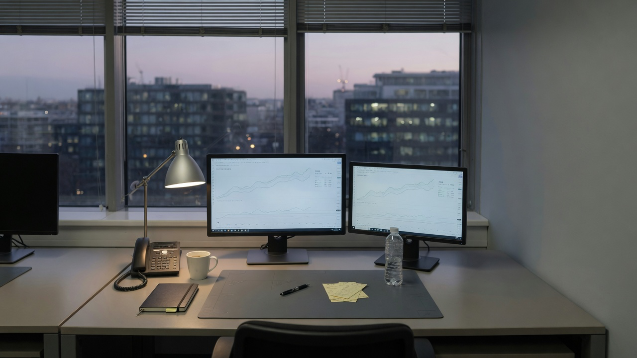 AI-generated editorial image: An institutional trading desk with multiple monitors and evening city view
