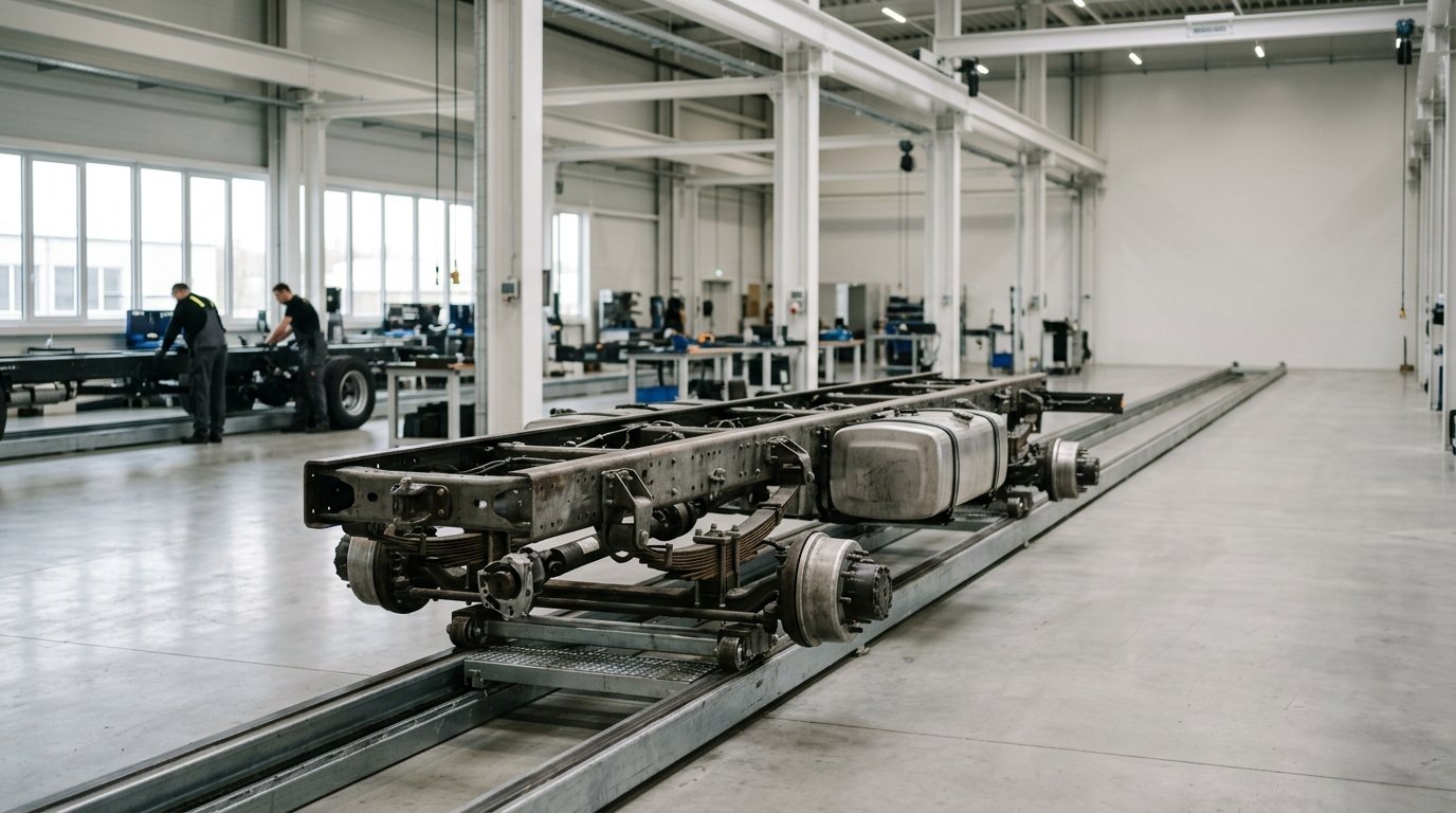 AI-generated editorial image: An industrial assembly setting with precision truck chassis manufacturing under natural window lighting