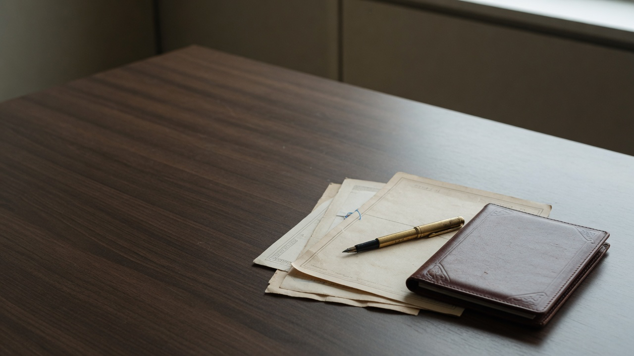 AI-generated editorial image: A restrained executive desk with leather-bound credit ledgers and a classic pen in soft morning light.