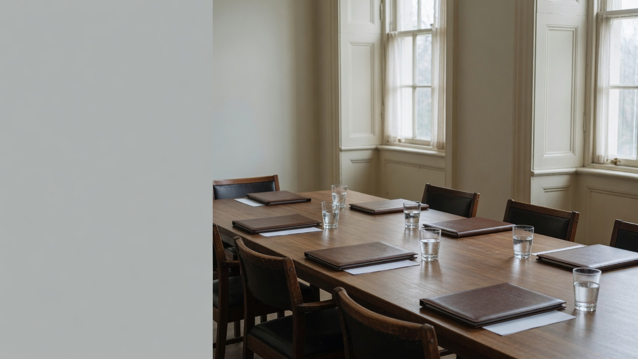 AI-generated editorial image: An institutional conference table with briefing folders and natural morning window light