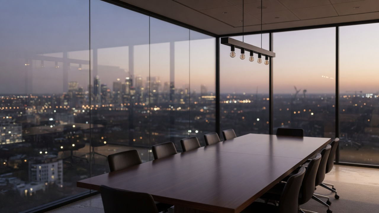 AI-generated editorial image: A quiet contemporary tech conference room in natural evening light with clean architectural lines.