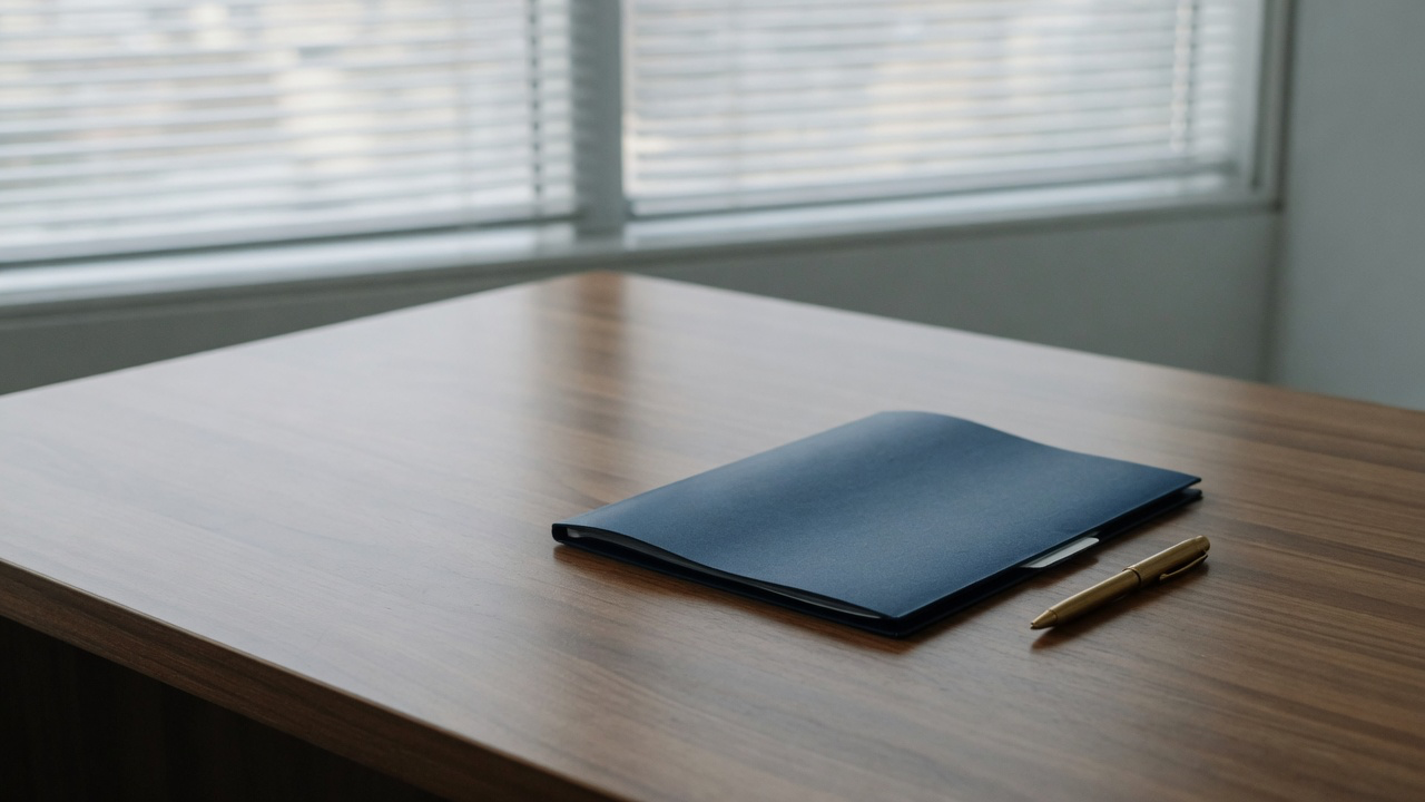 AI-generated editorial image: A clean modern healthcare administration office desk with folders and quiet daylight.