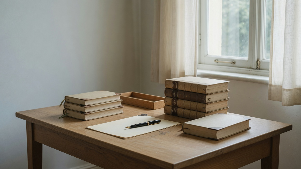 AI-generated editorial image: A minimalist financial archive desk with organized index ledgers in soft daylight