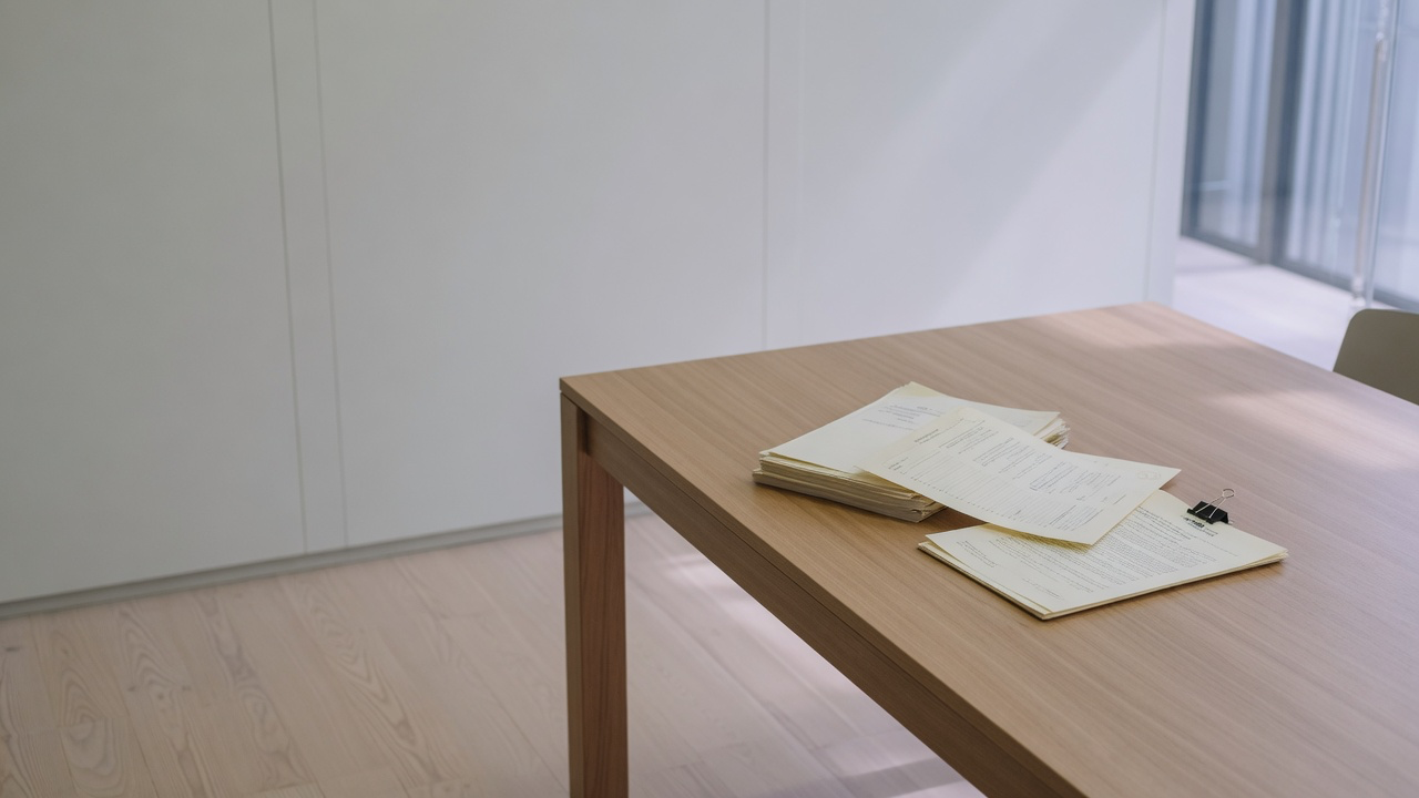 AI-generated editorial image: An institutional corporate conference room with documents on a table under natural window light