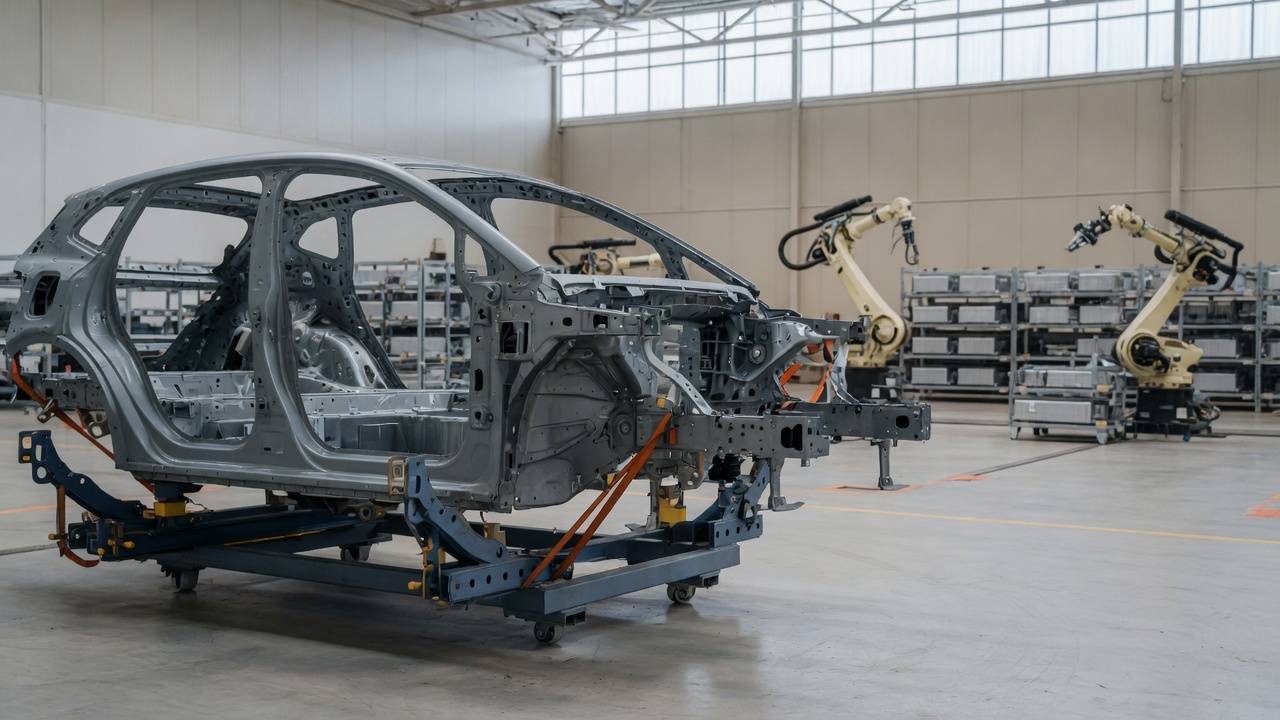 AI-generated editorial image: Modern electric vehicle chassis on an assembly line cradle inside an advanced manufacturing facility.