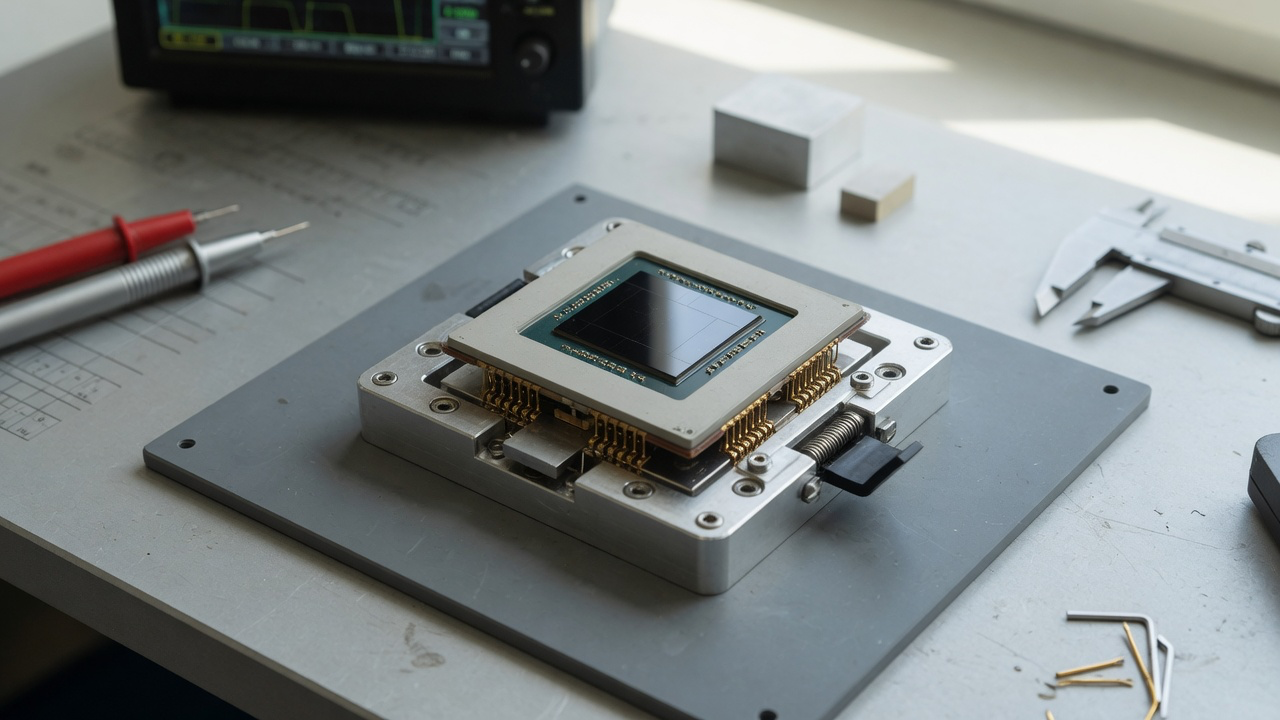 AI-generated editorial image: Packaged custom semiconductor processor in an advanced laboratory test fixture under clean ambient lighting.