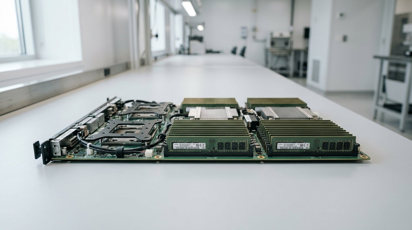 AI-generated editorial image: High-density semiconductor memory modules in an inspection cleanroom