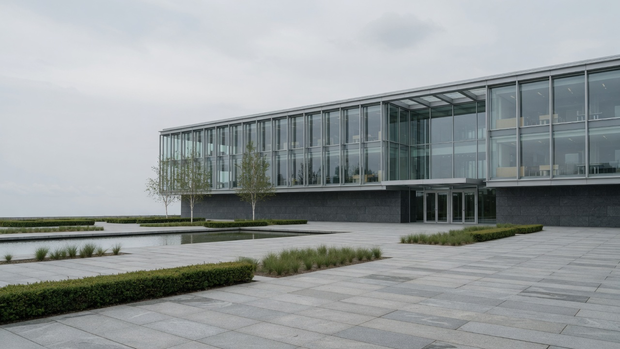 AI-generated editorial image: An expansive modern enterprise technology corporate headquarters campus with glass architectural facades and natural daylight.