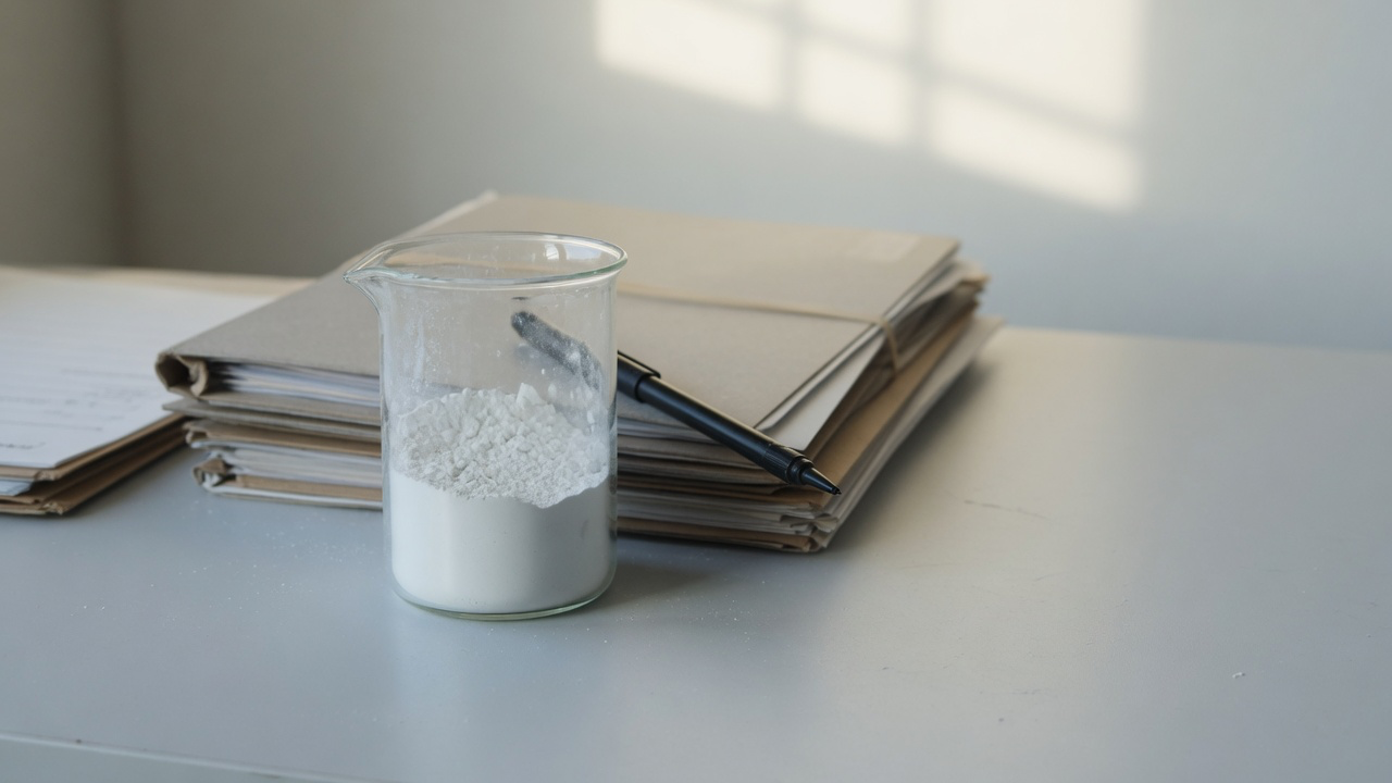 AI-generated editorial image: Industrial minerals testing laboratory with sample beaker and project files