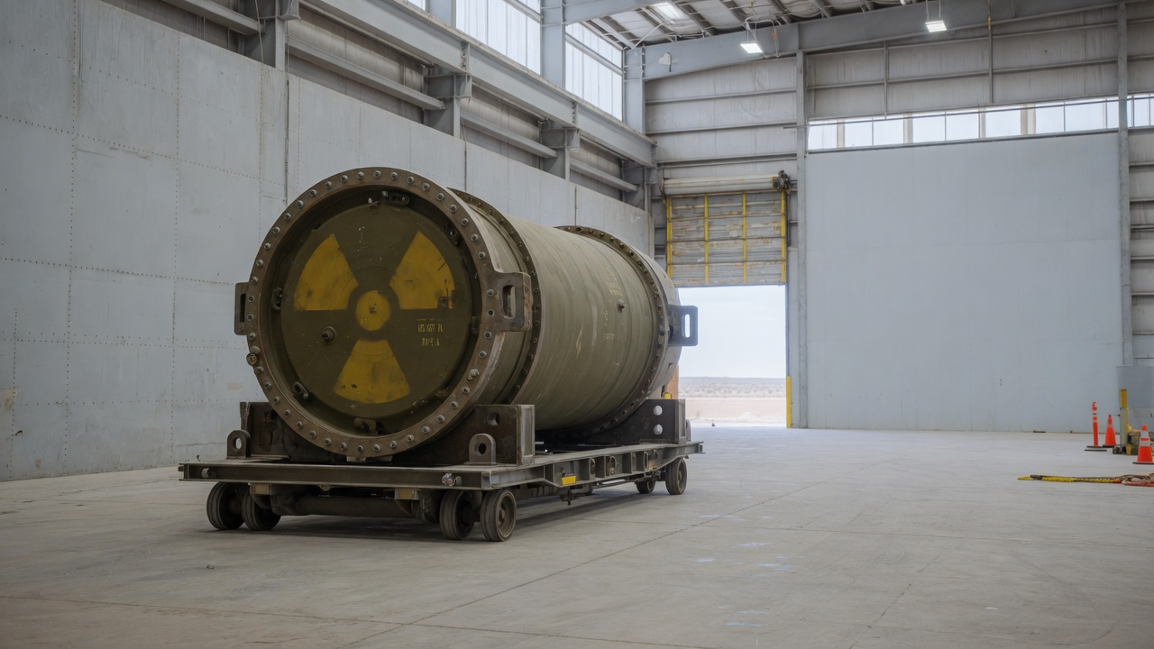 AI-generated editorial image: An industrial nuclear material transport container in an engineered facility, representing advanced nuclear fuel processing assets.