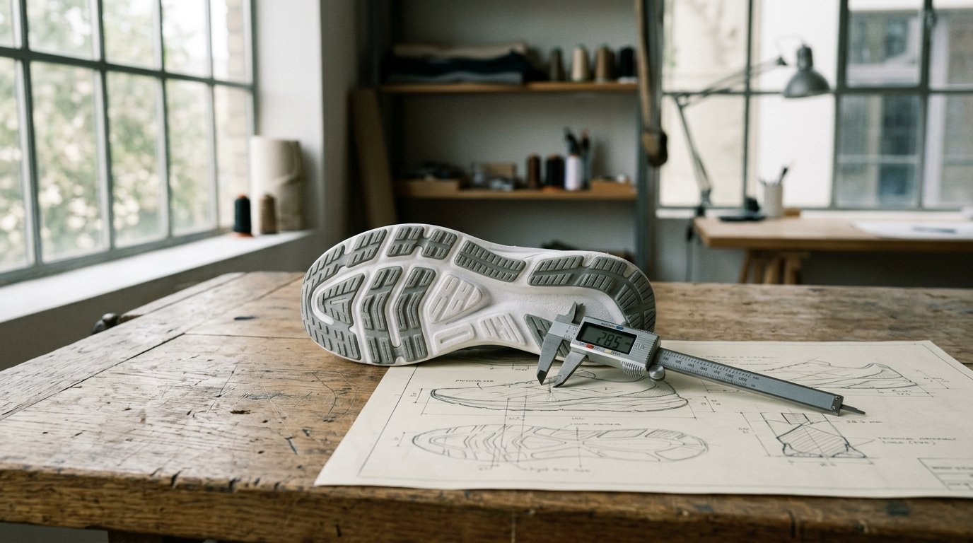AI-generated editorial image: athletic footwear design studio workbench with unbranded prototype sole and precision measuring calipers