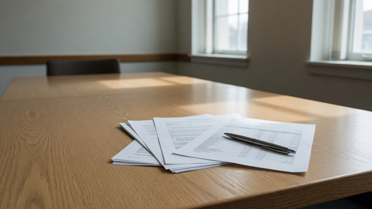 AI-generated editorial image: Minimalist desk with auction documentation and fountain pen