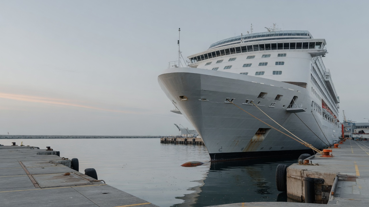 AI-generated editorial image: Modern commercial cruise liner docked at an ocean port terminal in early morning daylight